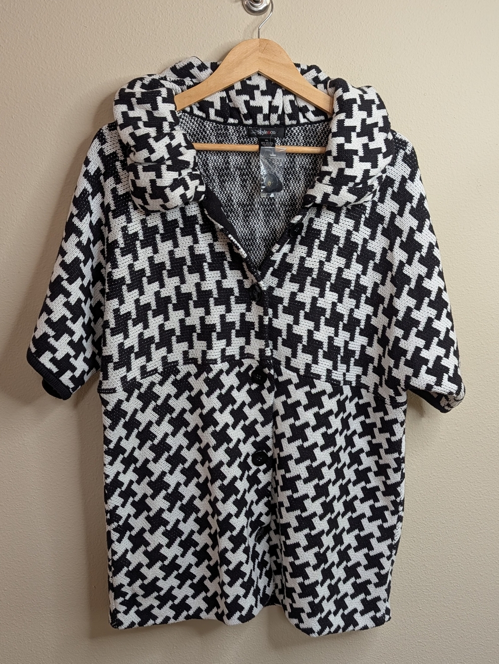 Style & Co Houndstooth Button Front Cardigan Sweater XL Black White Knit
